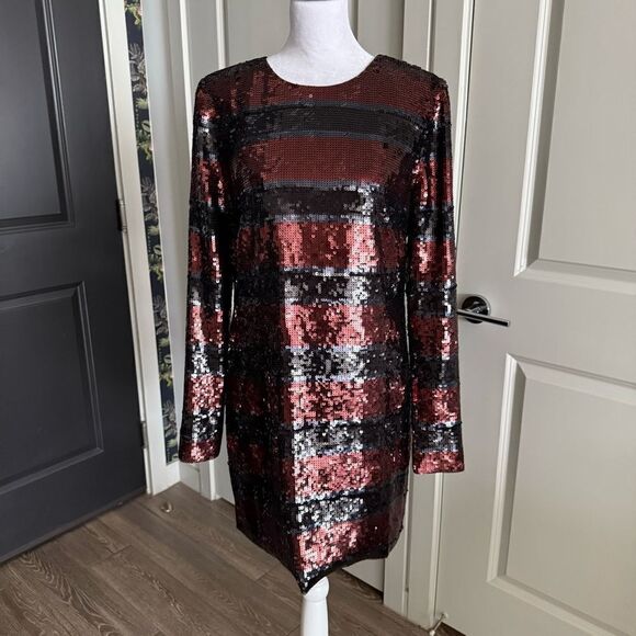 Veronica Beard Striped Sequins Long Sleeve Shift Cocktail Dress Size 8 - Picture 1 of 11